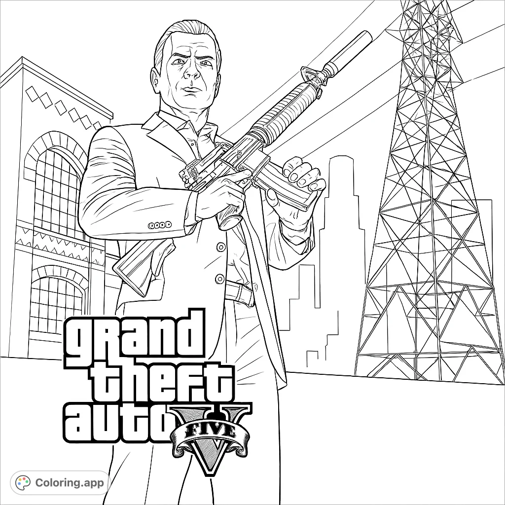 Dive into the world of Grand Theft Auto with this detailed coloring page featuring a character holding a gun against a cityscape backdrop. Color it your way!