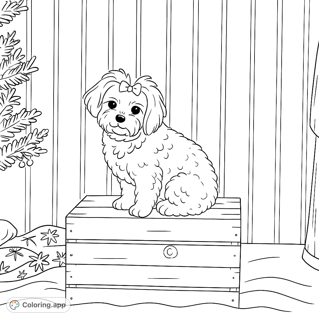 An adorable fluffy puppy with a bow sits on a wooden crate, surrounded by a fence and evergreen branch. Perfect for a cute puppy coloring page.