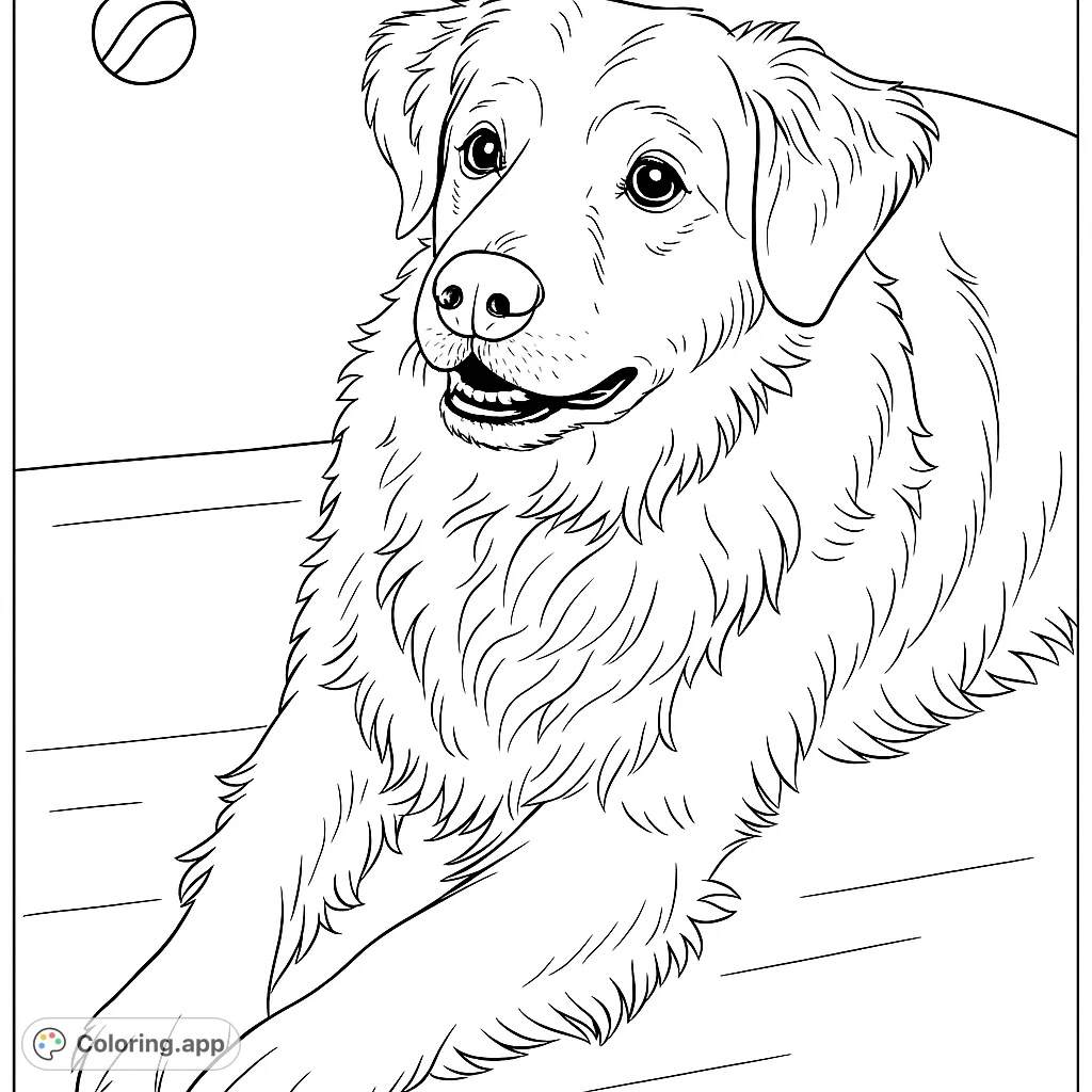 Detailed coloring page of a golden retriever dog. A fun and relaxing activity for dog lovers of all ages.