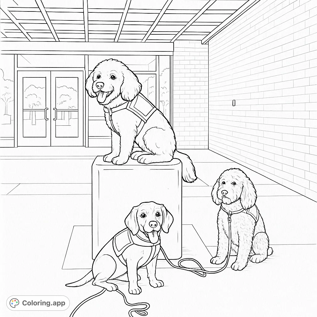 Three adorable service dogs sit patiently in this delightful coloring page. A fun activity for dog lovers of all ages!
