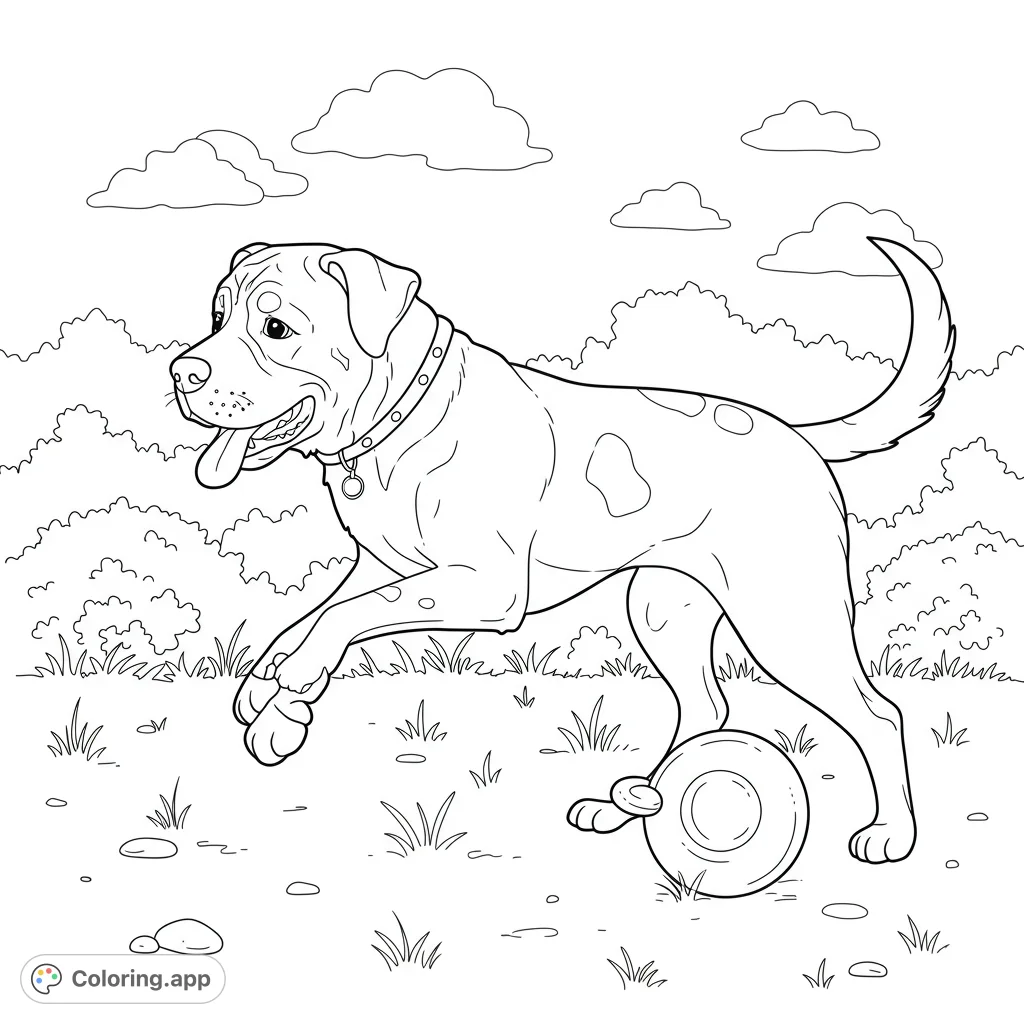 A playful big dog enjoying a fun day in the park! This coloring page features a detailed black and white line drawing perfect for kids and adults to color.
