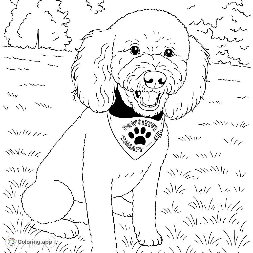 Detailed coloring page of a fluffy white poodle wearing a therapy dog bandana. A fun and relaxing activity for dog lovers of all ages.