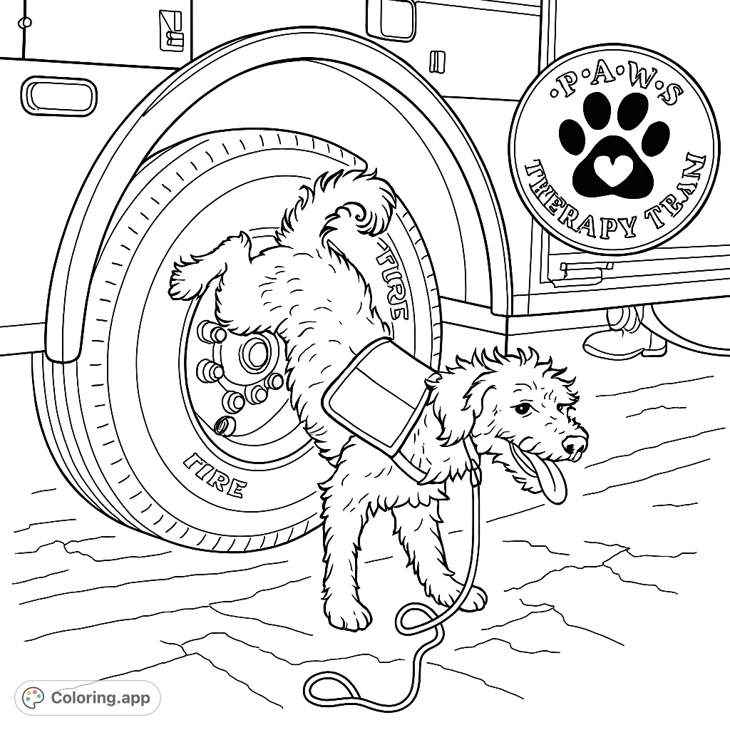 A therapy dog marking its territory on a fire truck tire. This coloring page is great for kids who love dogs and fire trucks!