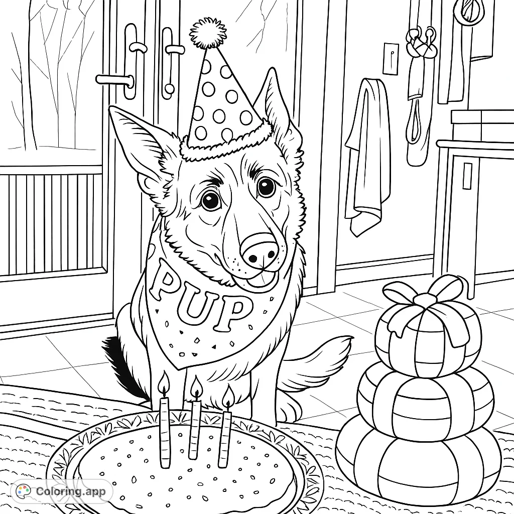 Celebrate with this adorable birthday dog coloring page! Features a cute pup with a party hat, cake, and gifts.