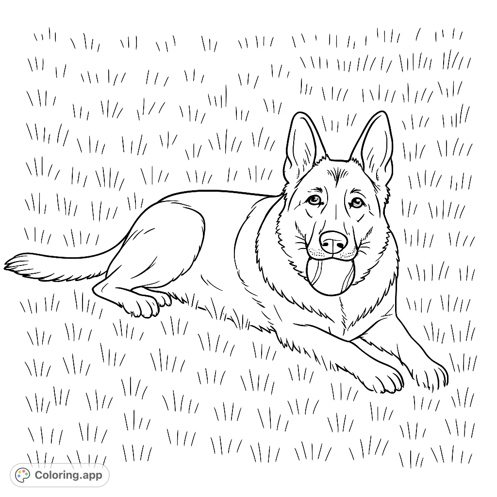 Detailed coloring page of a German Shepherd dog lying in the grass with a ball in its mouth. A fun and relaxing coloring activity for dog lovers!