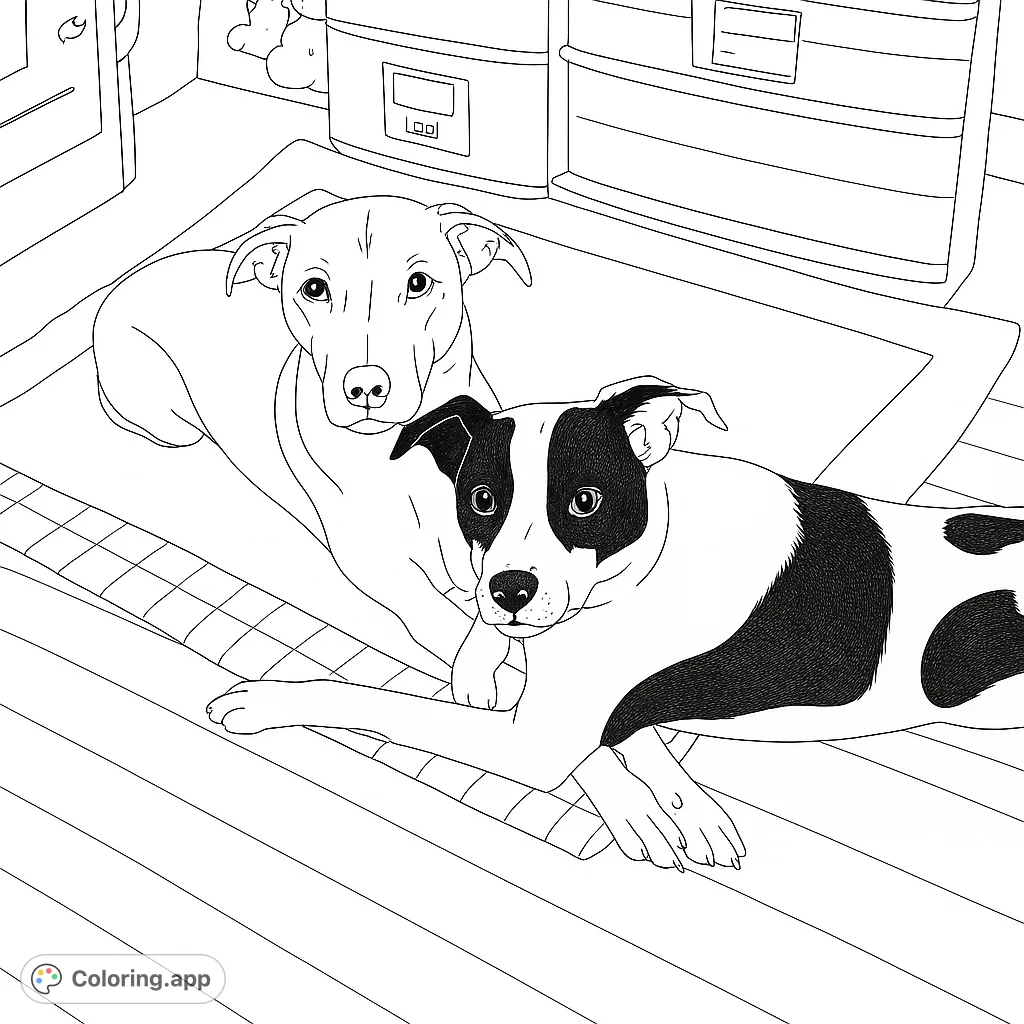 Relax with this coloring page featuring two adorable dogs lounging on a cozy mat. A delightful scene to bring to life with your favorite colors!