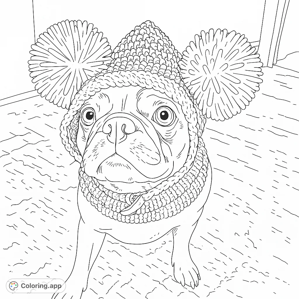 An adorable pug wearing a cozy knitted hat with two large pom-poms, looking up with big eyes. A charming and fun free printable coloring page for all ages.