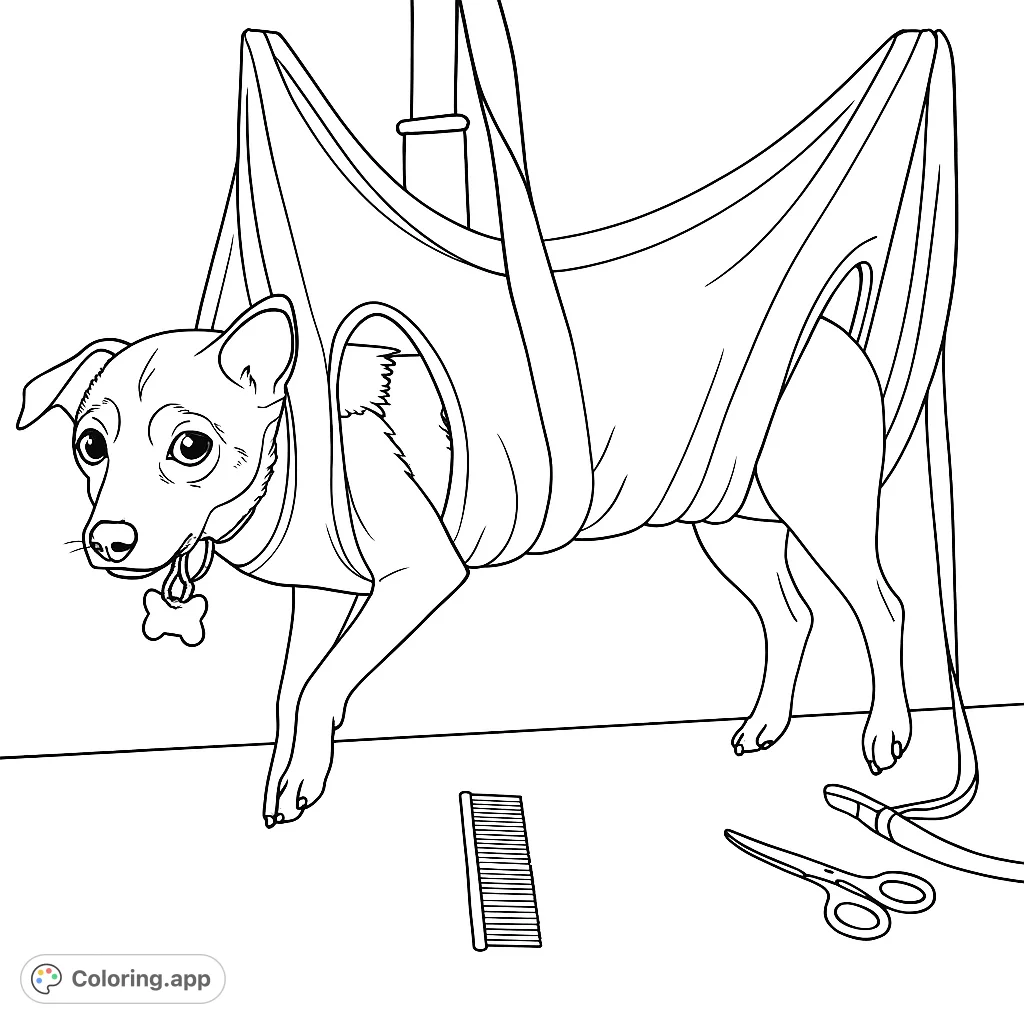 A charming puppy in a grooming hammock, ready for pampering! Features a cute dog, grooming tools, and clean lines for a delightful coloring experience.