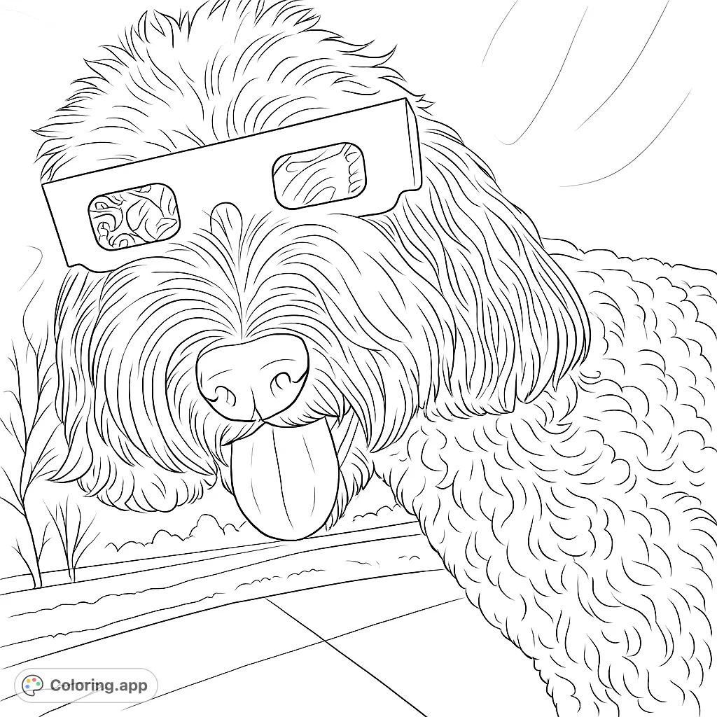 A playful shaggy dog wearing cool 3D glasses, tongue out, ready for fun. A free printable dog coloring page for all ages.