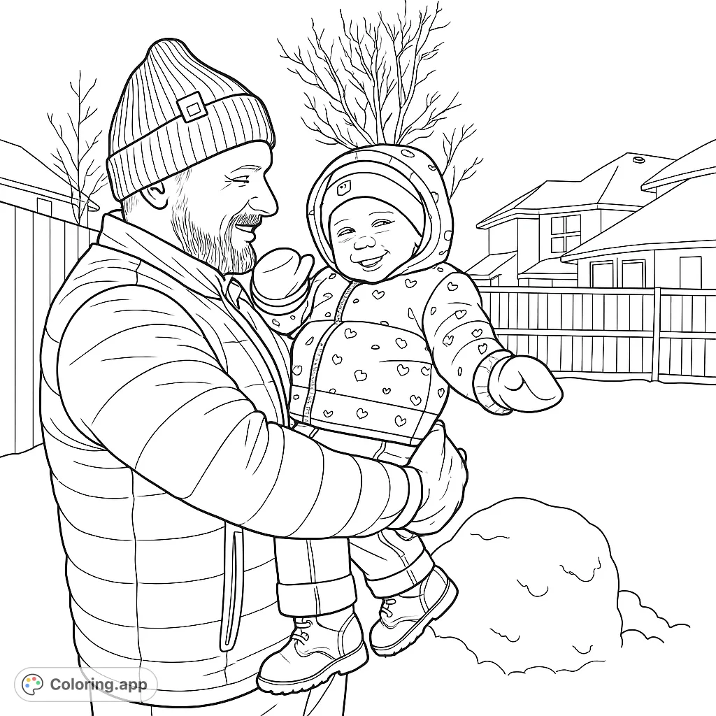 A heartwarming coloring page of a father holding his baby girl in the snow. A delightful scene to color, capturing a special winter moment.