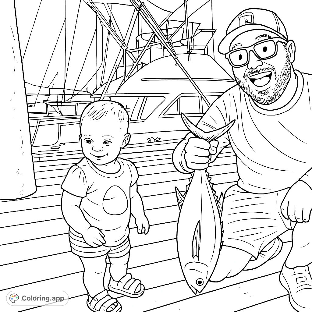 A happy fisherman and his daughter show off their catch of the day! A great coloring page for kids who love fishing and the outdoors.