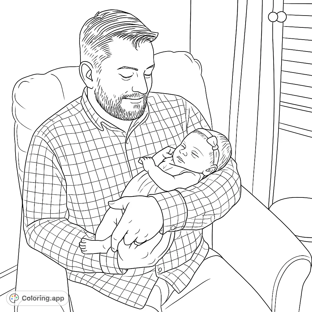 A tender moment captured in this coloring page: a father lovingly cradling his newborn baby. A heartwarming scene to color!