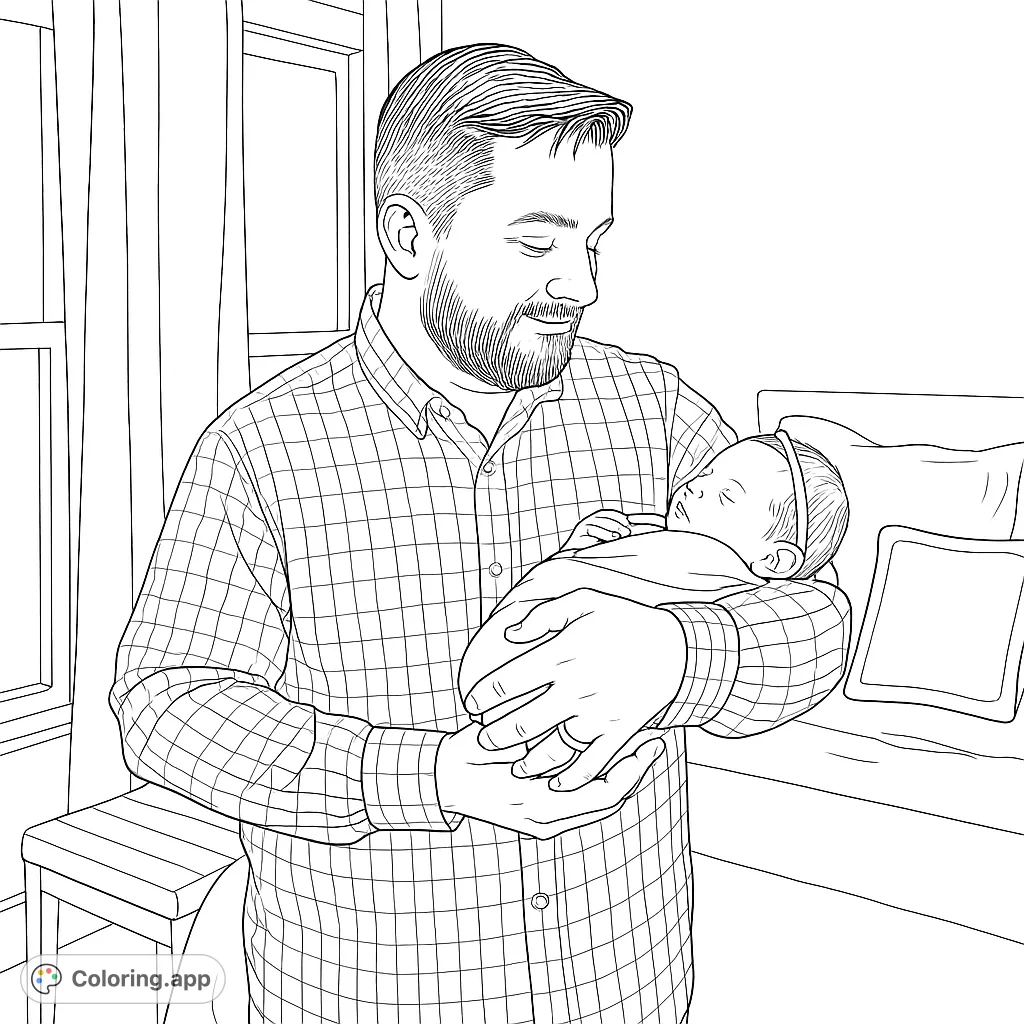 A heartwarming coloring page of a father tenderly holding his newborn baby. A beautiful moment to color and cherish.