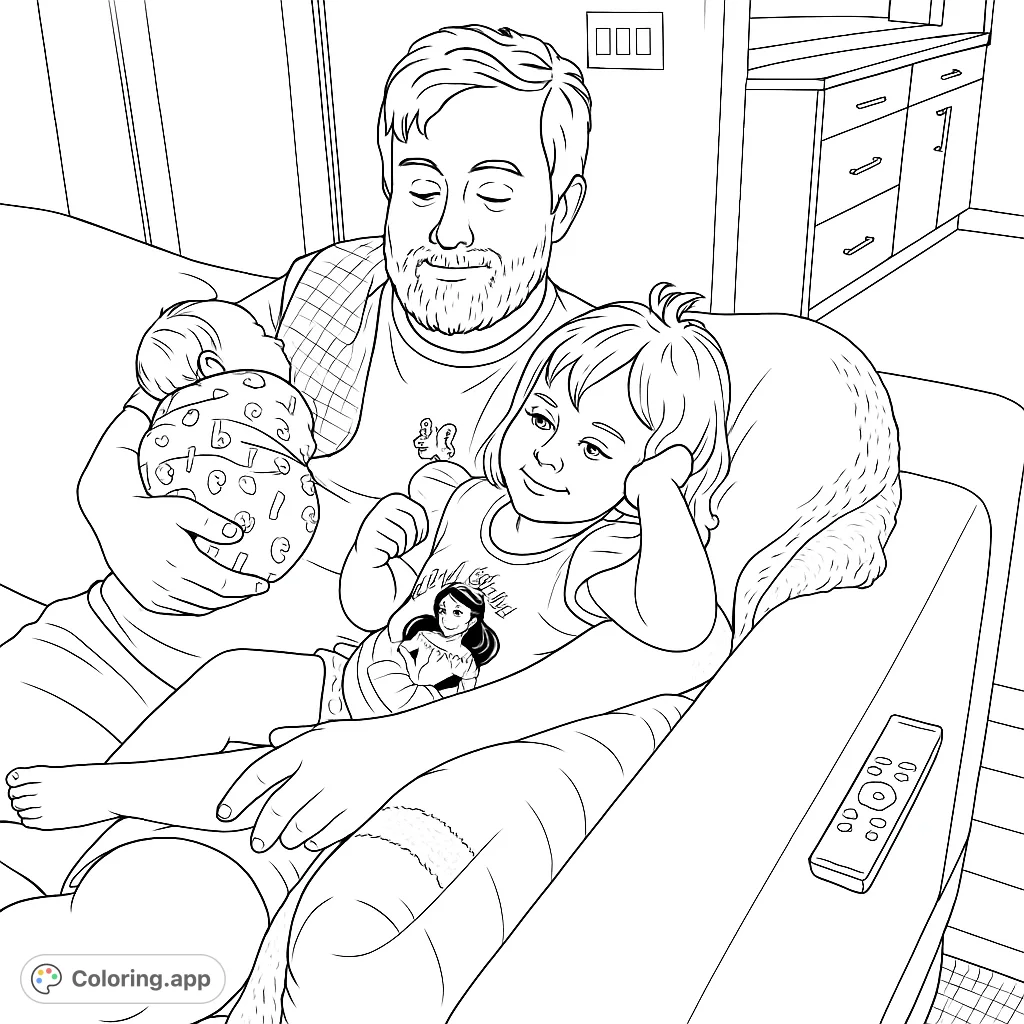 A heartwarming scene of a father holding his newborn baby while his toddler daughter snuggles close. A sweet family moment to color!