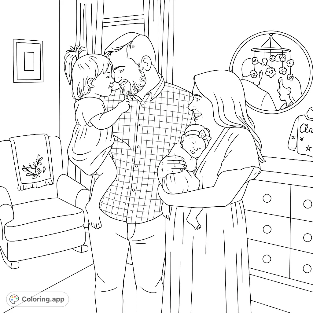 A heartwarming family portrait featuring parents with their newborn and toddler. A tender moment captured in a cozy nursery setting.