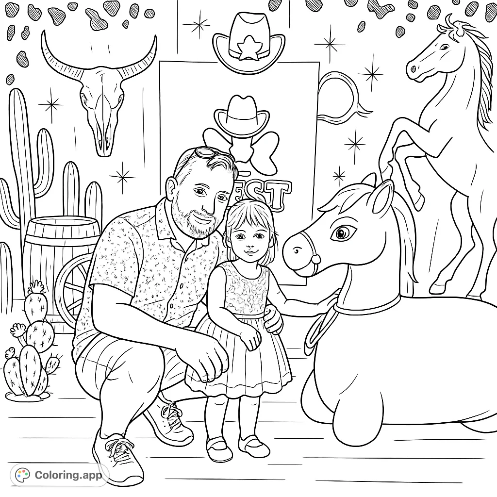 A joyful Western-themed coloring page featuring a father and daughter with cowboy hats, horses, and desert elements. Free printable for all ages.