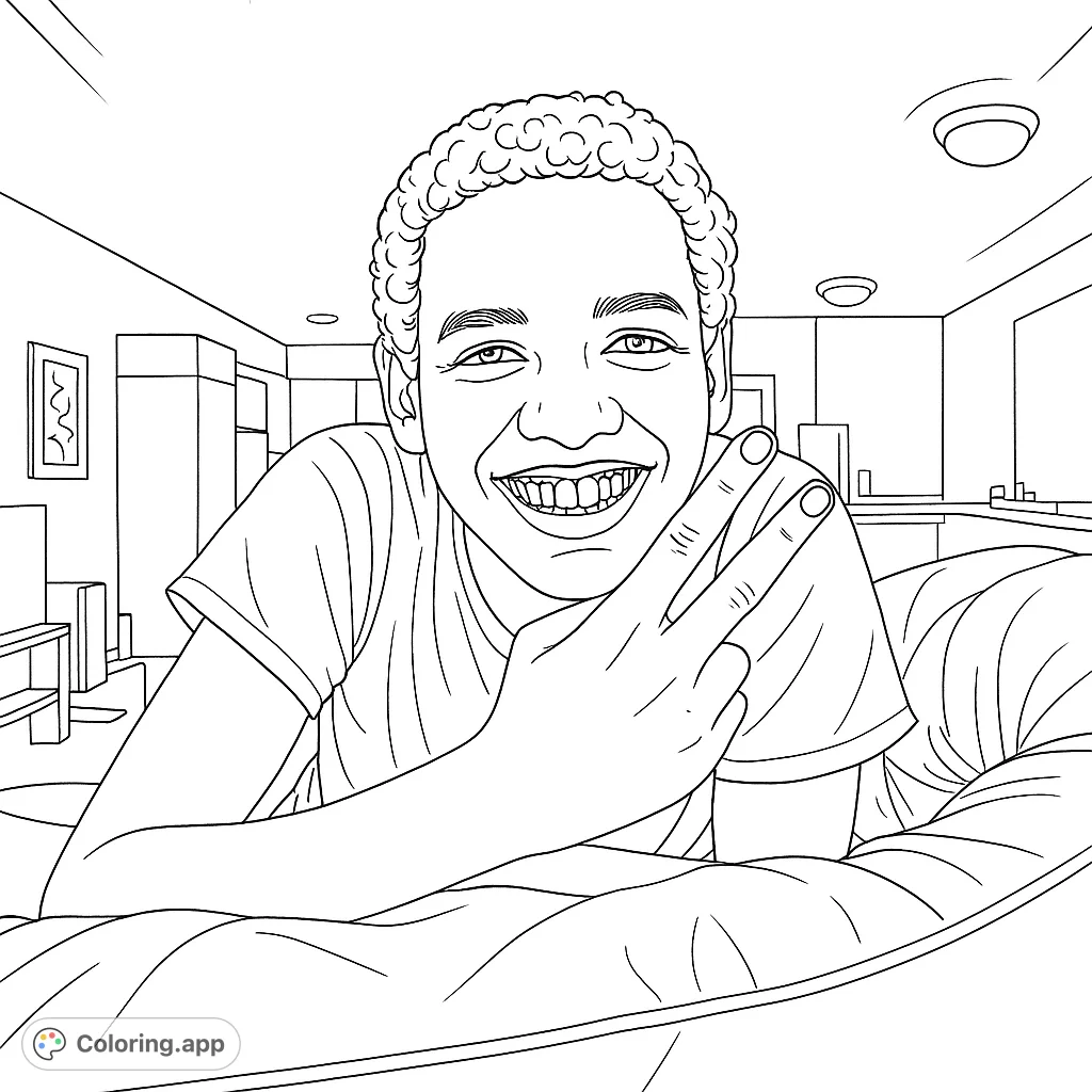 A friendly young man smiles and flashes a peace sign. A fun and engaging coloring page for kids and adults who enjoy portrait art.