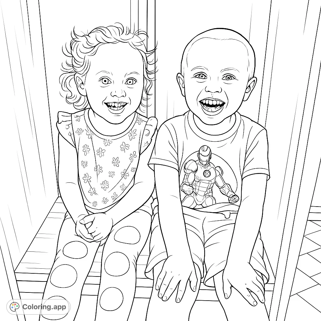 A heartwarming children coloring page featuring two joyful kids, a girl and a boy, smiling brightly. Perfect free printable coloring page for all ages.