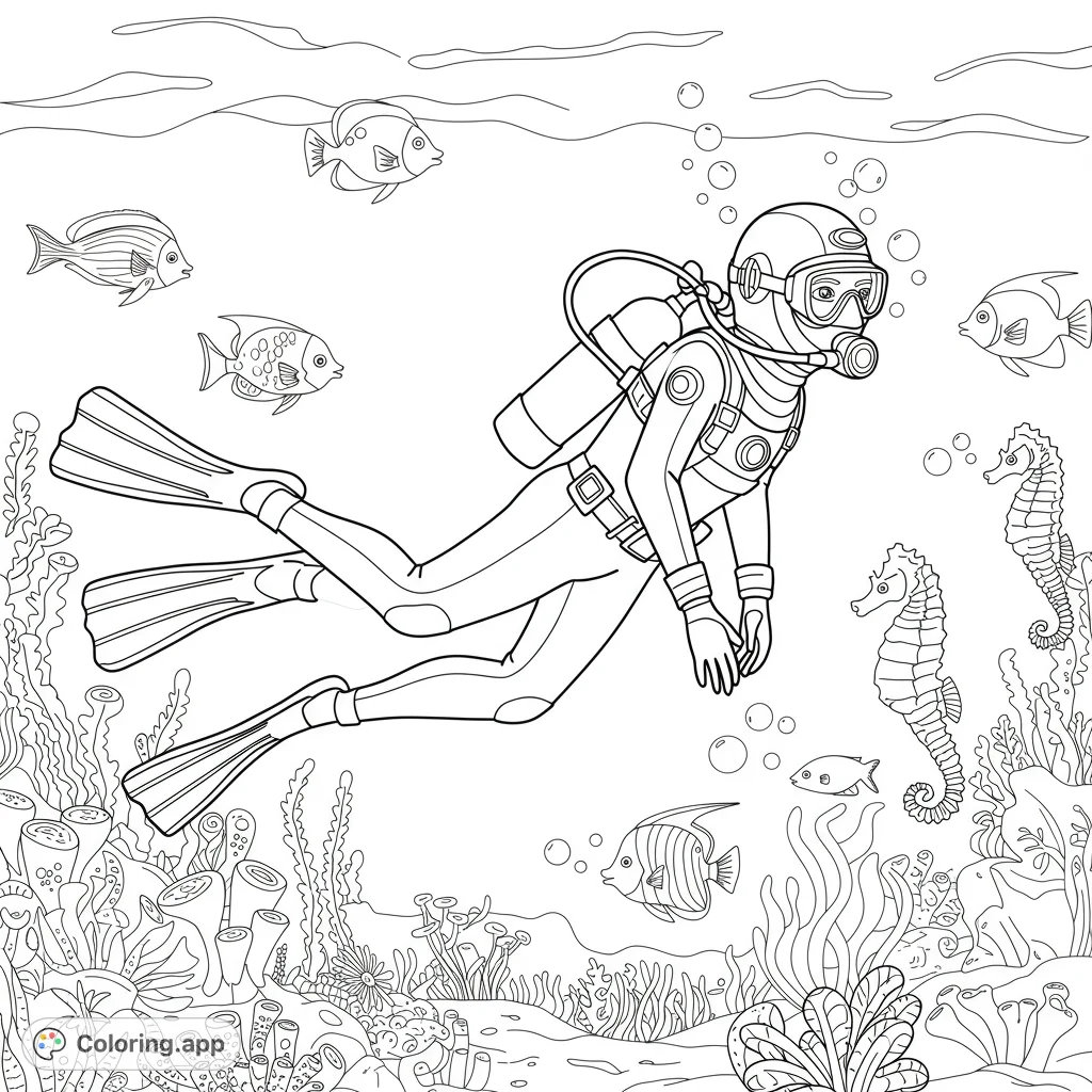 Explore the underwater world! A black scuba diver swims with fish and seahorses.