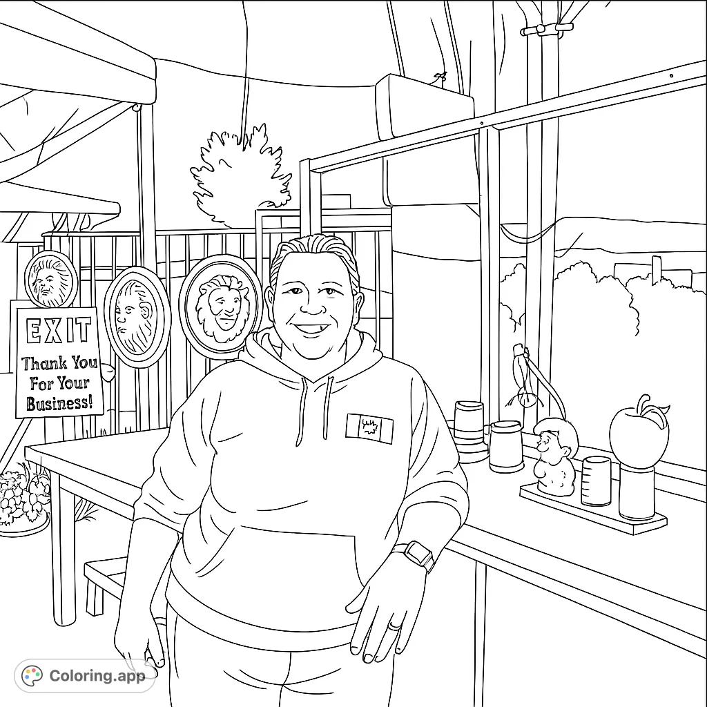 A friendly Canadian woman stands at her market stall, ready to greet customers. A fun coloring page for adults and kids alike.