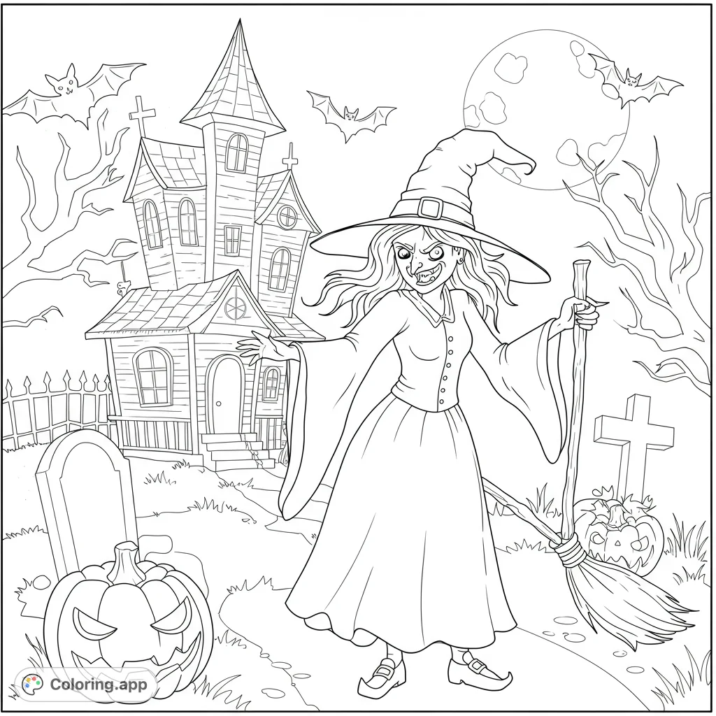 A scary witch stands in front of a haunted house on Halloween night. This black and white line drawing is perfect for kids to color and enjoy the spooky season.