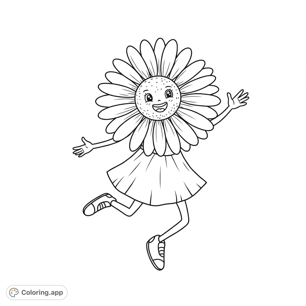 A cheerful coloring page featuring a dancing daisy. This delightful black and white line art is perfect for kids to color and enjoy.
