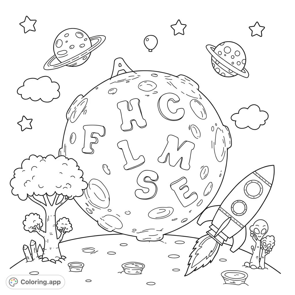 A whimsical coloring page featuring a moon with letters, a rocket, and alien trees. Perfect for kids who love space and fantasy themes.