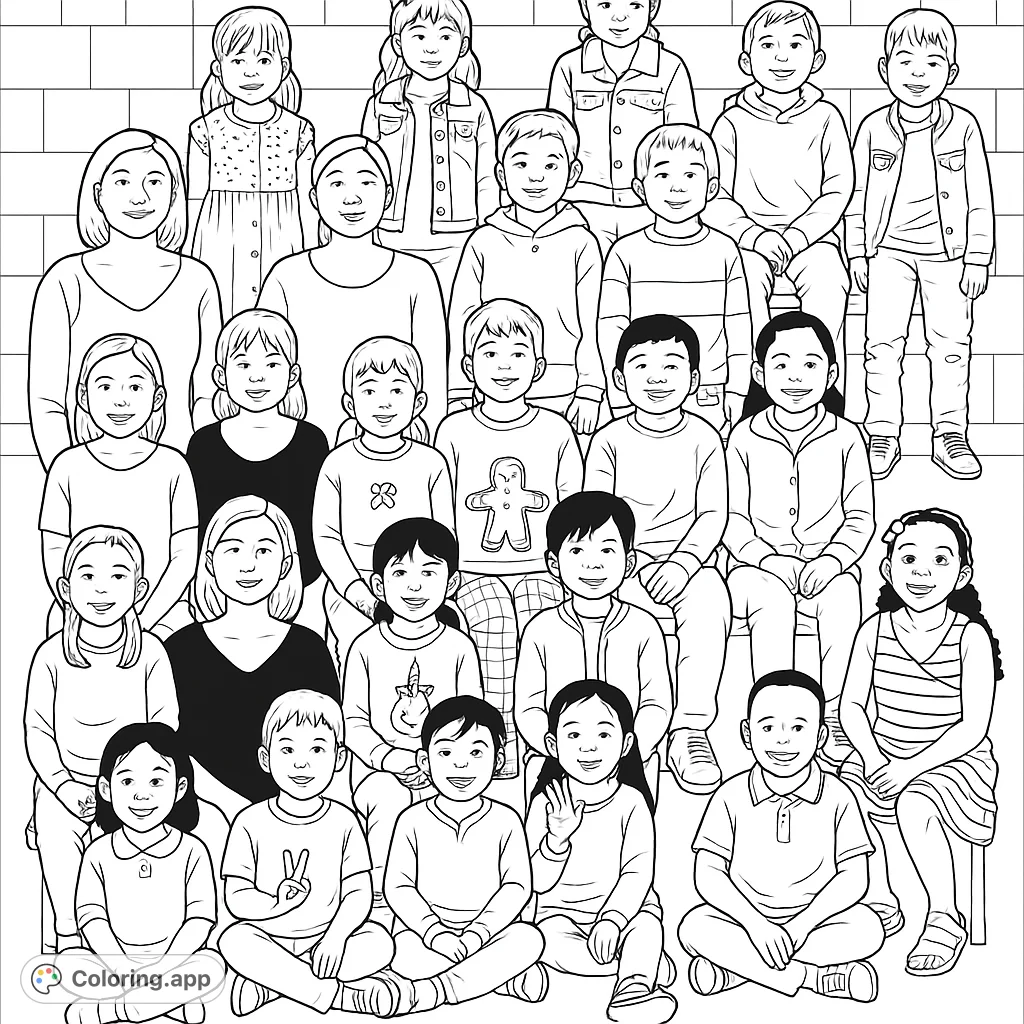 A delightful coloring page featuring a group of smiling children and their teachers, perfect for young artists to bring to life with vibrant colors.