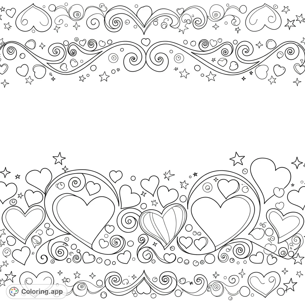 A beautiful coloring page featuring a pattern of hearts and swirls, with a heart border and stars. Perfect for kids and adults to enjoy and relax with.
