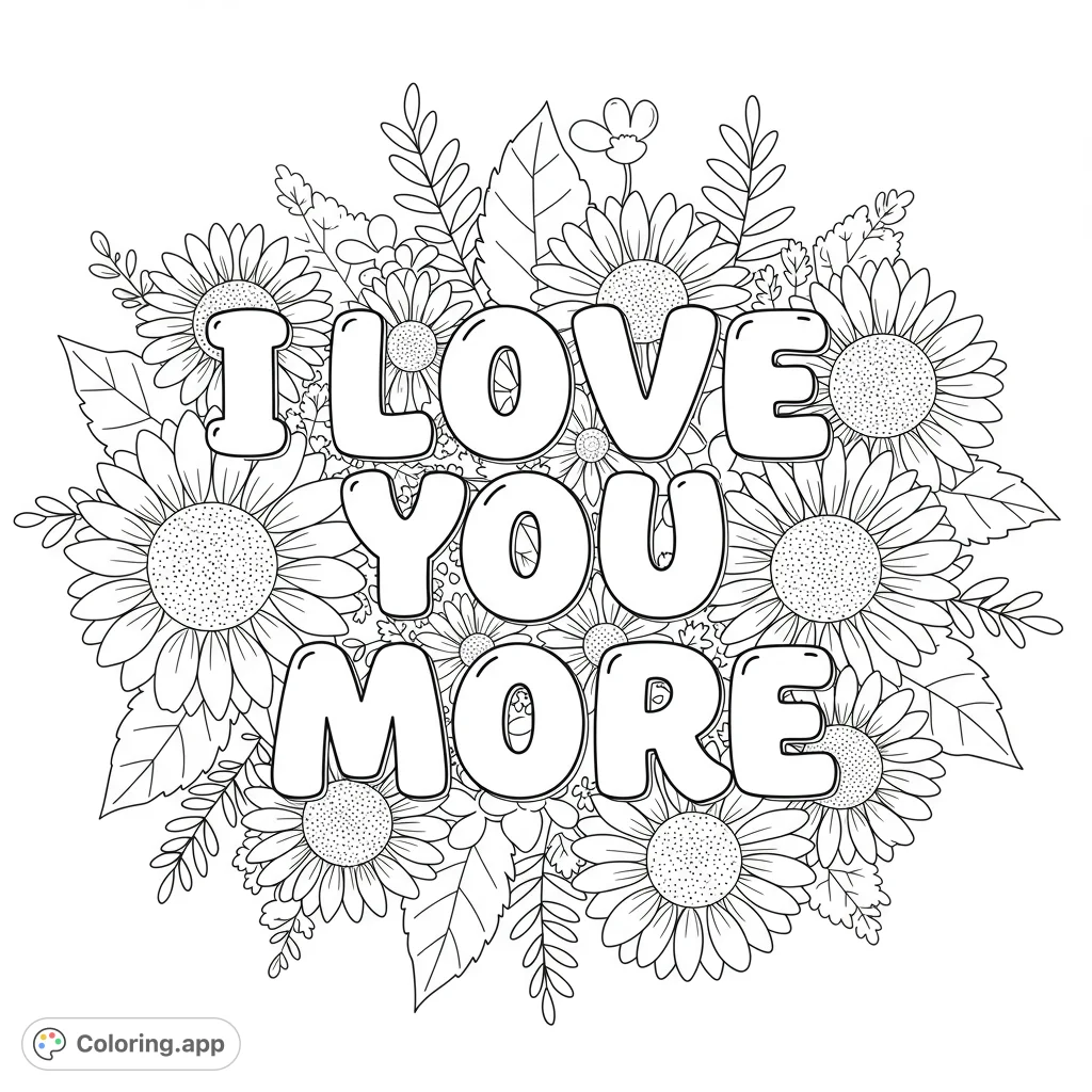 Cursive "I love you more" with sunflowers and daisies. A beautiful floral design perfect for coloring.