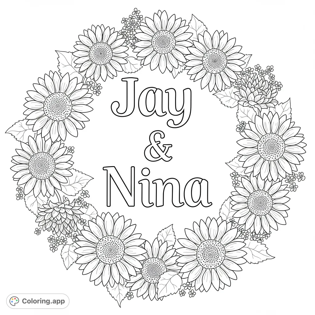 Jay and Nina's names bloom among detailed sunflowers. A charming black and white line drawing perfect for coloring.