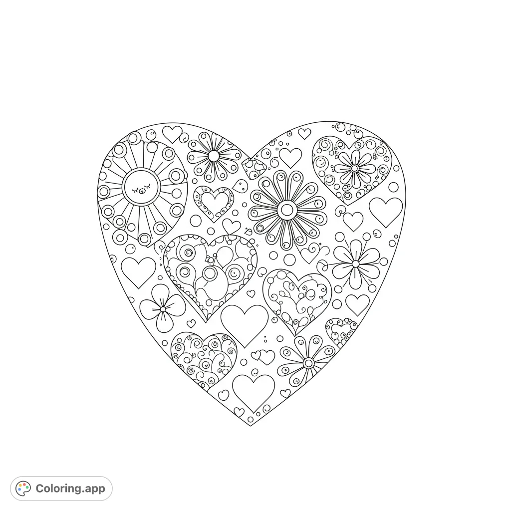 A delightful black and white coloring page featuring a pattern of hearts and flowers. Perfect for kids and adults to enjoy and express their creativity.
