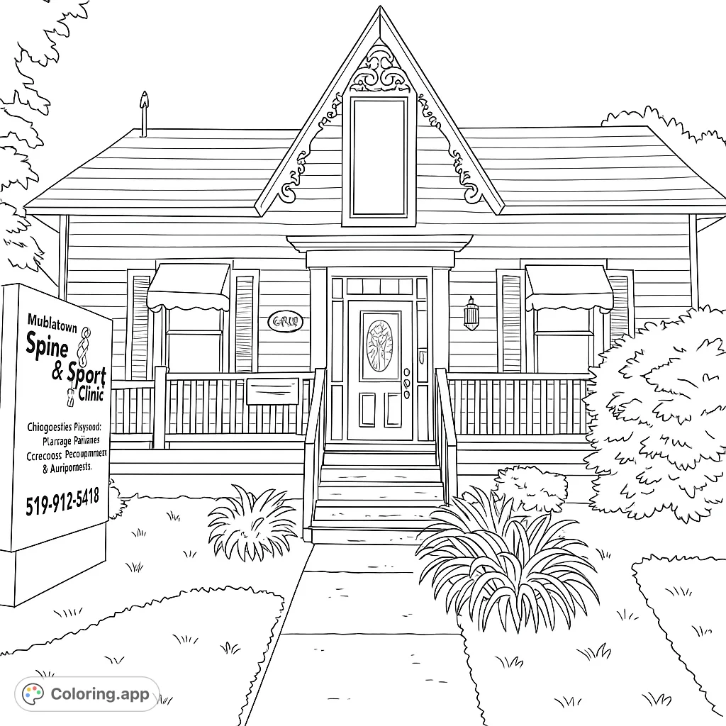 Detailed coloring page of a charming clinic building with intricate architectural details. A relaxing activity for adults and older children.