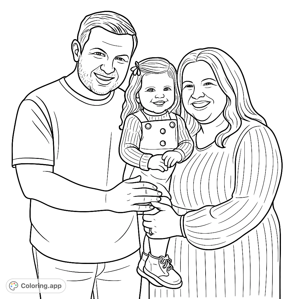 A happy family portrait featuring a mother, father, and daughter. A heartwarming coloring page for kids and adults to enjoy.