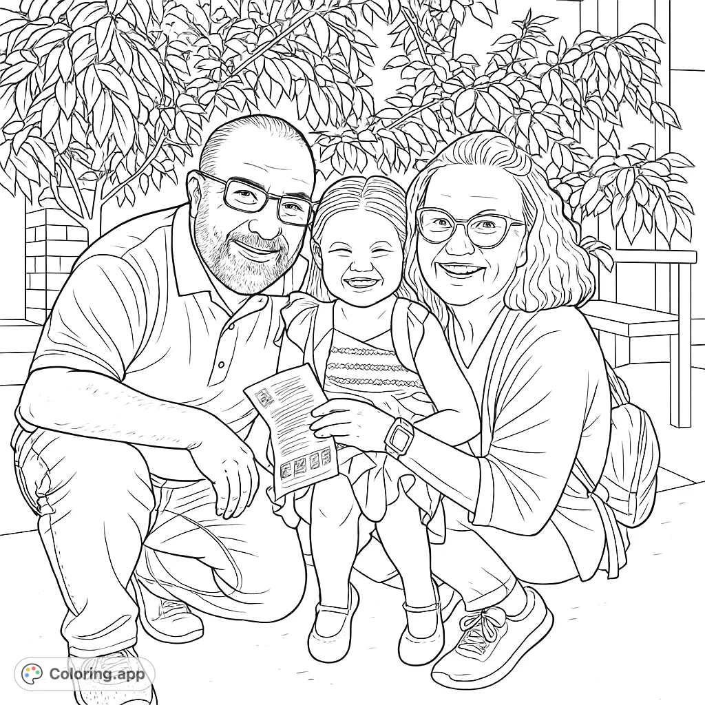 A happy family portrait featuring a little girl in a colorful tutu, perfect for a heartwarming coloring activity. Capture the joy of family moments!