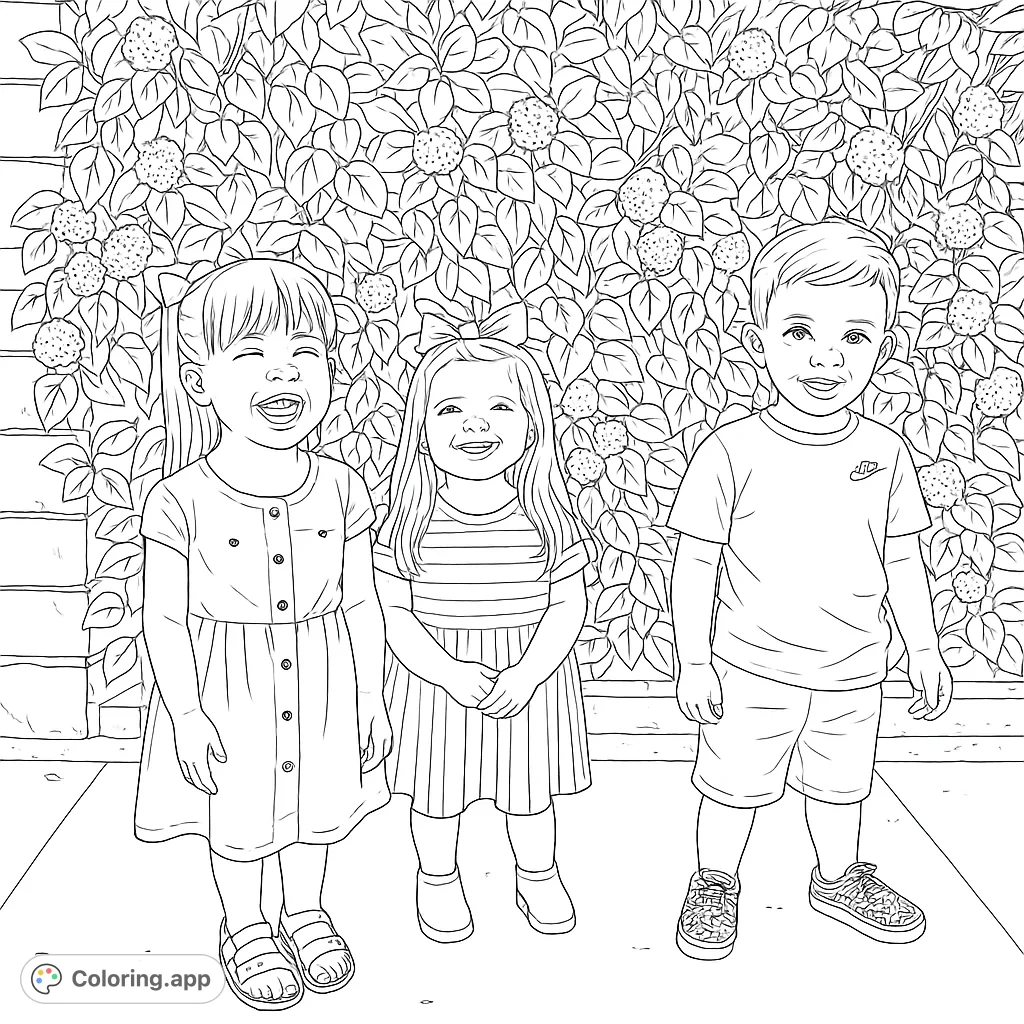 A delightful coloring page featuring three smiling children standing in front of a flowering bush. A fun and engaging activity for kids of all ages.
