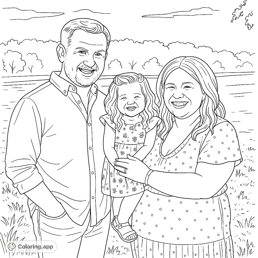 A happy family portrait featuring a mother, father, and daughter smiling in a field. A sweet coloring page for kids and adults!