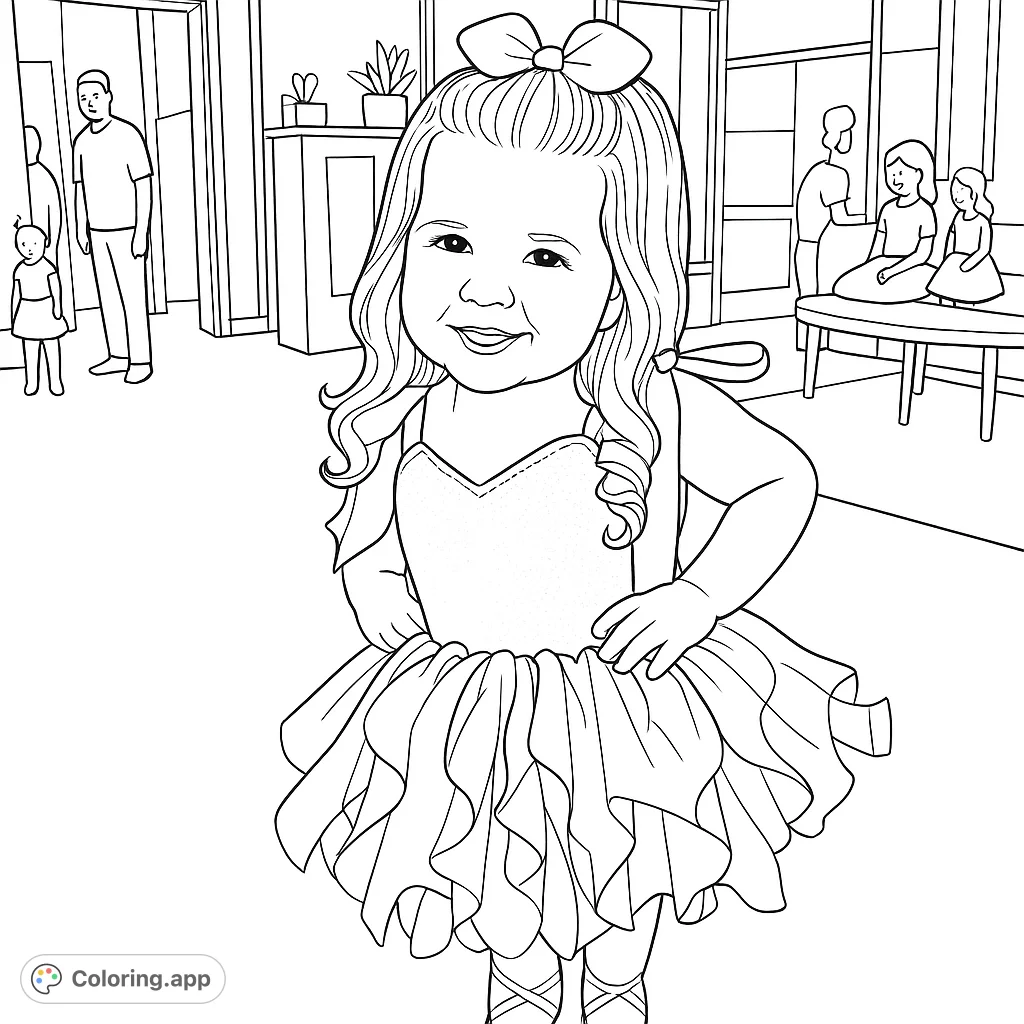 A cute little girl in a rainbow tutu and bow is ready to dance! This coloring page is perfect for kids who love ballet and dress-up.