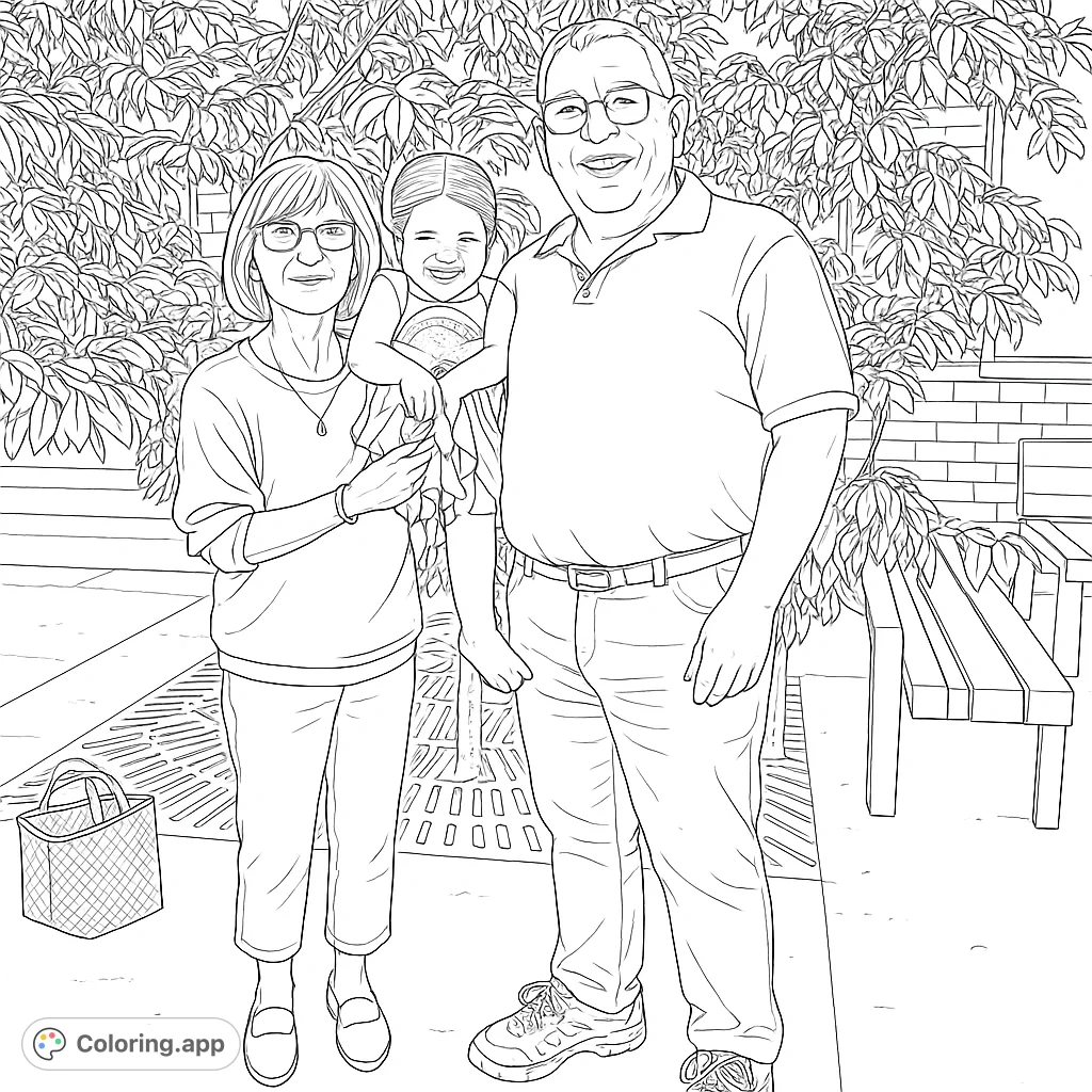 A sweet family portrait featuring a little girl in a colorful dress with her grandparents. A heartwarming scene to color and enjoy.