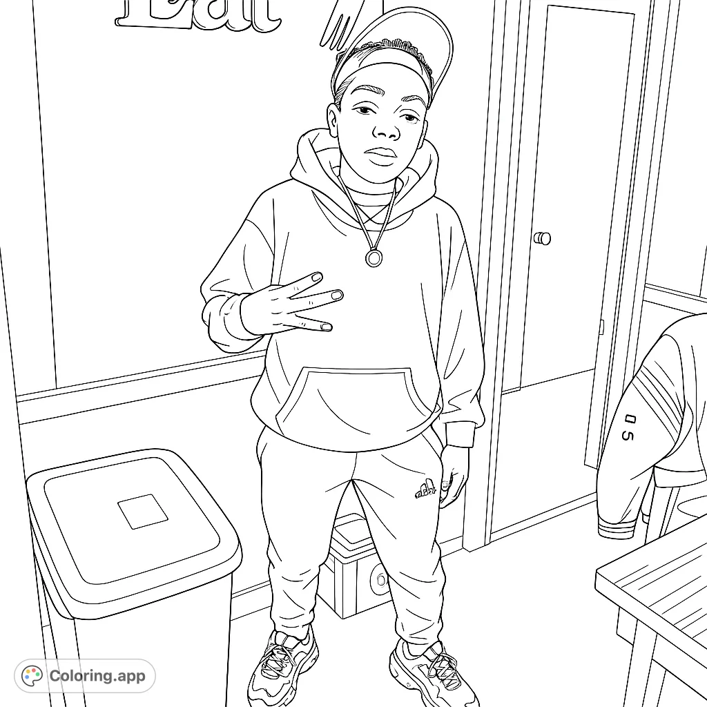 A cool kid in a hoodie and hat strikes a pose in this modern coloring page. Perfect for teens and tweens who love urban style.