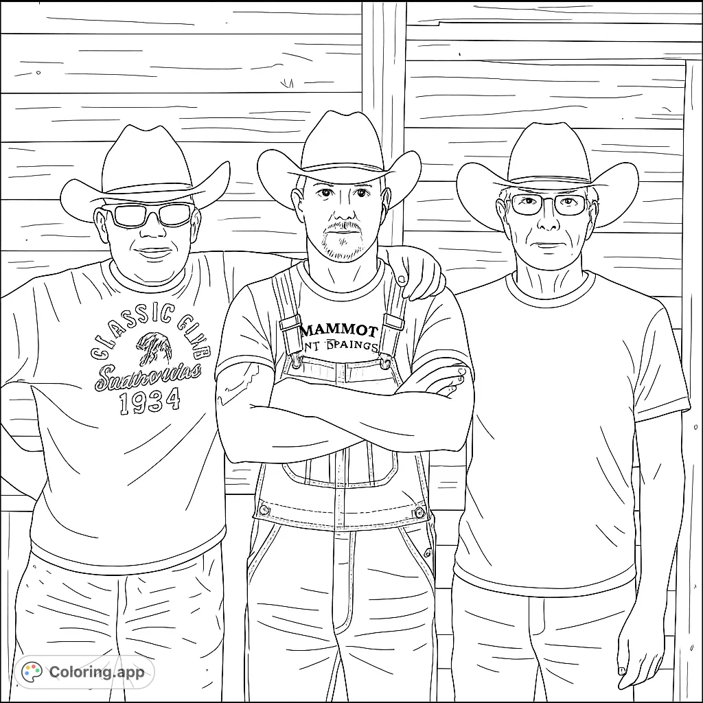 Howdy partners! Color this fun line art of three cowboys wearing hats.