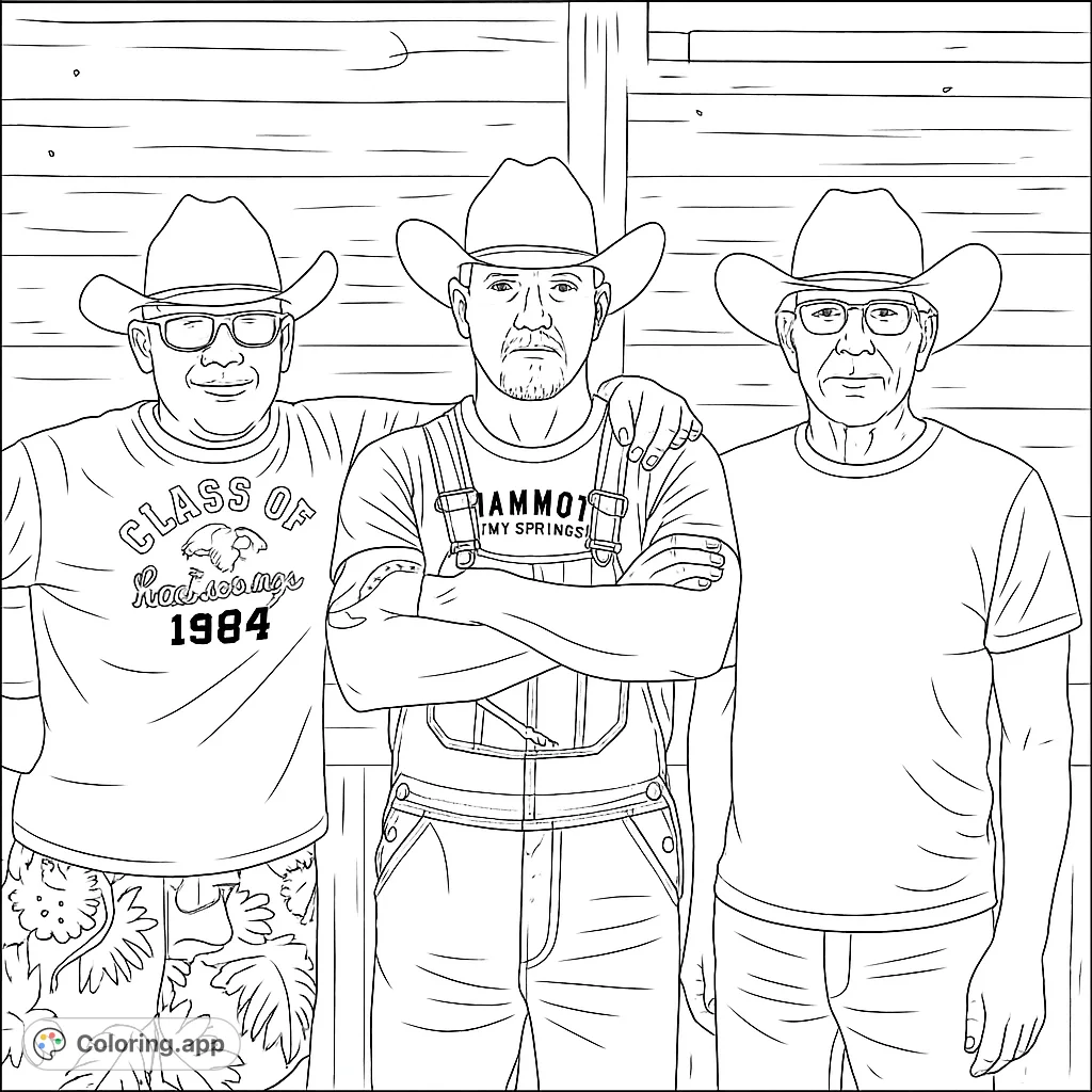 Howdy partners! Color this fun line art of three cowboys wearing hats.