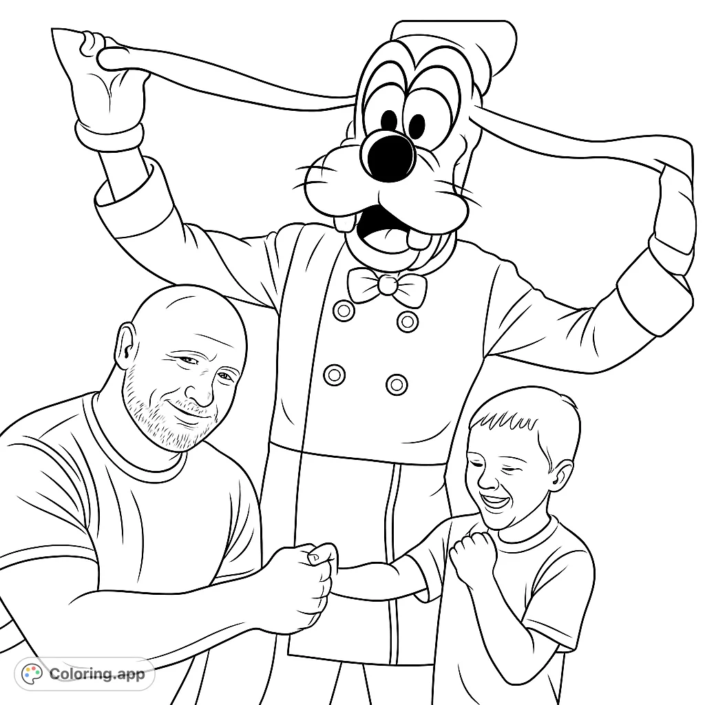 Delightful coloring page featuring Goofy in a chef's outfit, shaking hands with a man and a child. A fun activity for Disney fans of all ages!