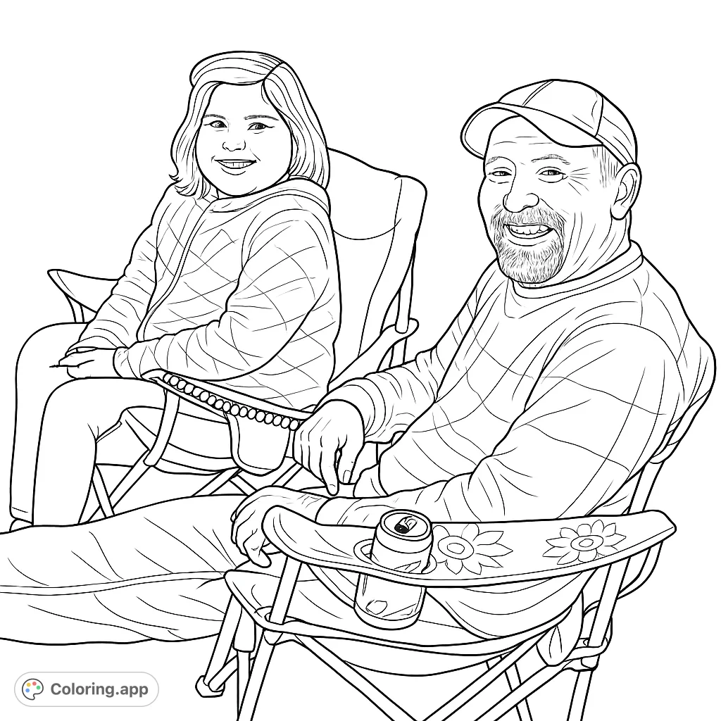 A heartwarming coloring page of a father and daughter sitting together, sharing a special moment. A detailed and fun activity for all ages.