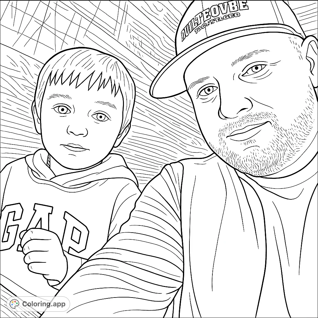A heartwarming coloring page featuring a father and son. A special moment captured in a detailed line art style.