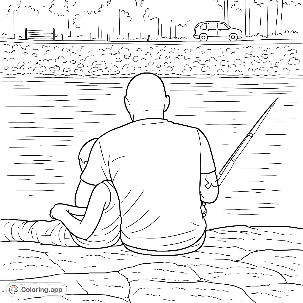 A father and child fishing together by the river. A heartwarming scene to color, perfect for family bonding and creative fun.