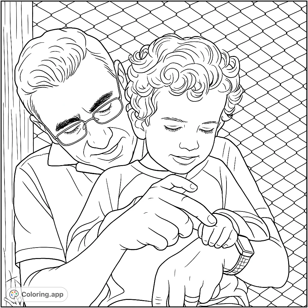 A heartwarming coloring page of a father and son bonding. This sweet scene is perfect for kids and adults to color and enjoy together.