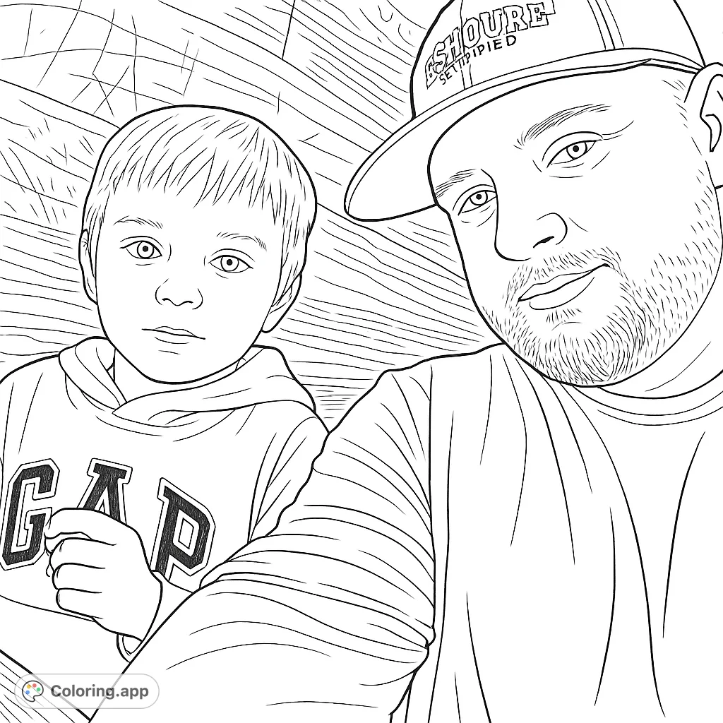 A heartwarming coloring page featuring a father and son. A special moment captured in a detailed line art style.
