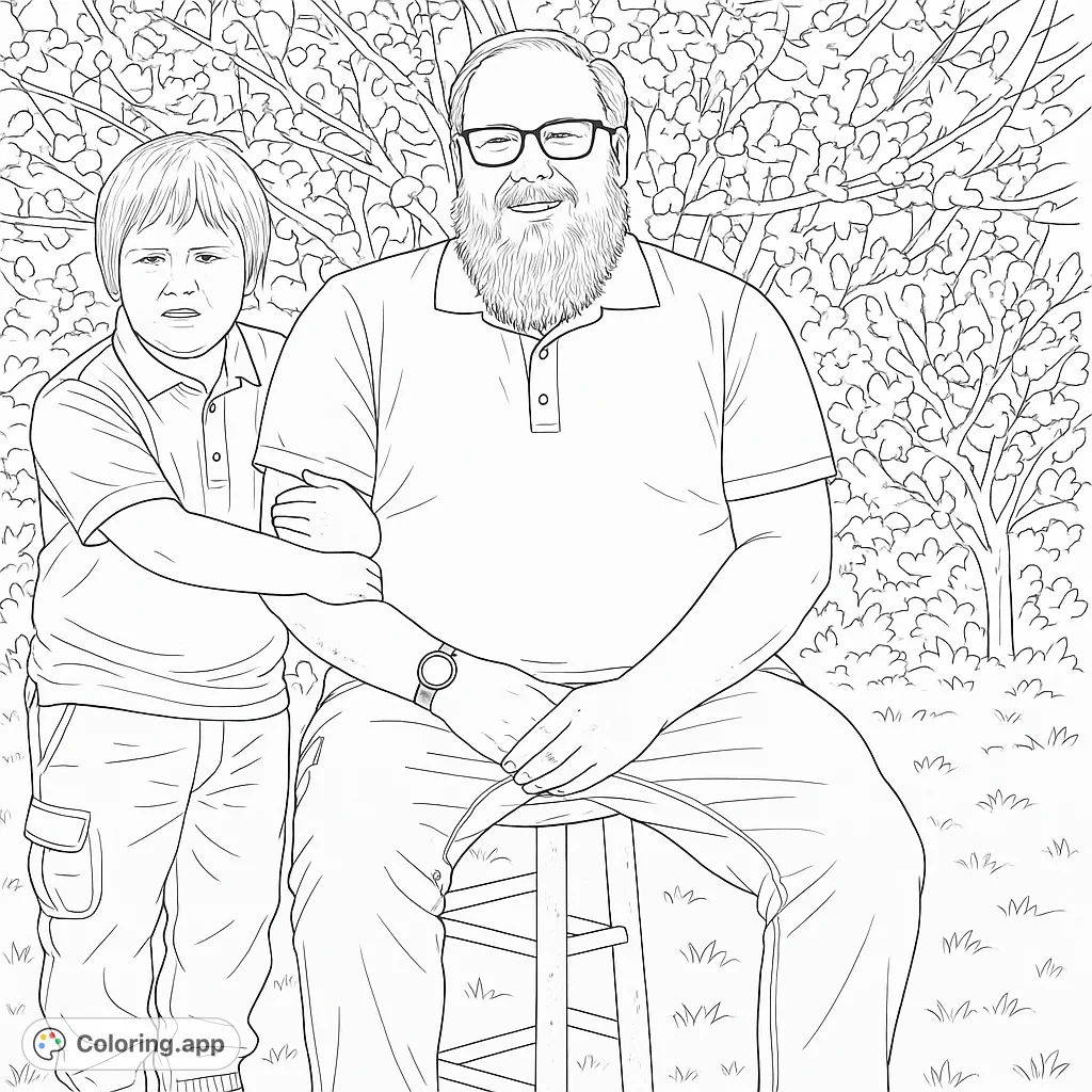 A heartwarming coloring page featuring a father and son. This detailed portrait captures a special family moment.