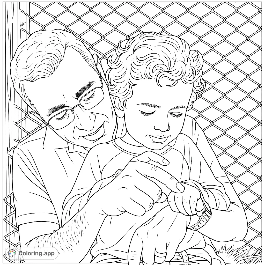 A heartwarming family coloring page featuring an adult and child sharing a tender moment, perfect for all ages. Free printable coloring page for kids and adults.